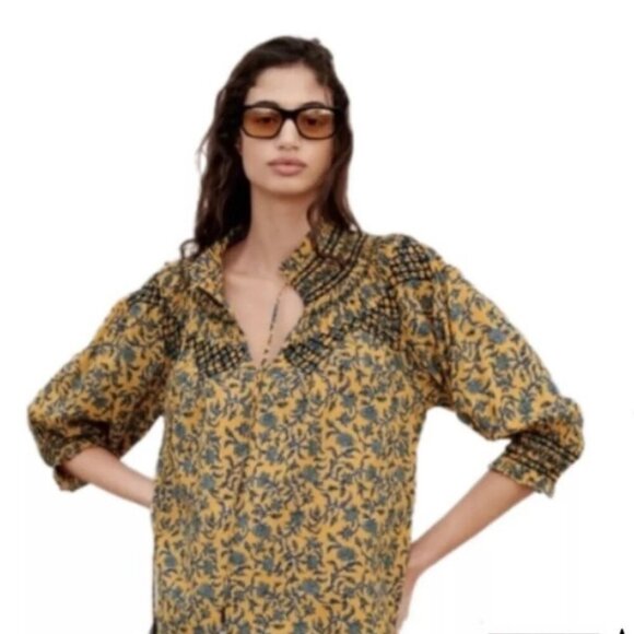 ZARA BLOUSE RUFFLE KEY HOLE NECK PUFF SLEEVES TUCKEBLE SZ S FLORAL BOHO CHIC - Picture 2 of 16